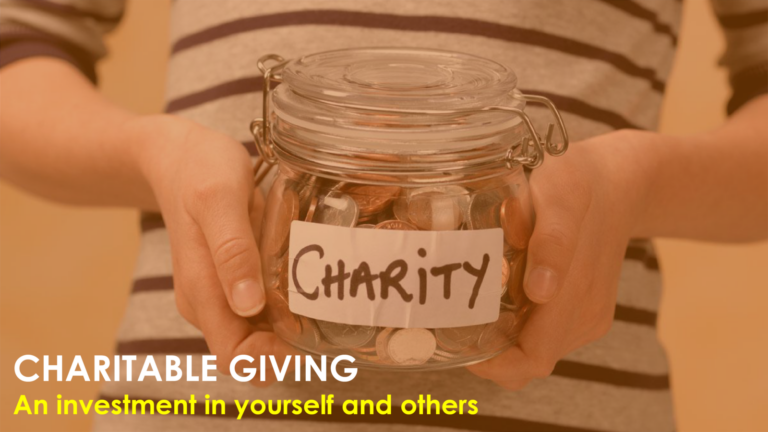 Person holding air tight jar with coins labelled "Charity"