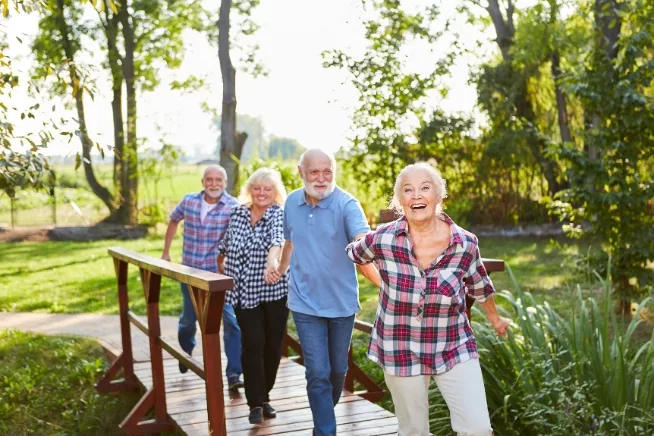 An inspiring scene of an elderly group running hand in hand across a wooden bridge in a park, embodying vitality, companionship, and the joy of shared experiences in a natural setting.